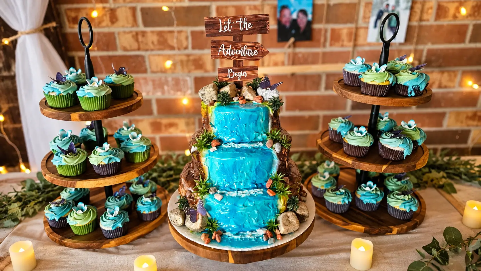 Custom waterfall celebration cake with matching cupcakes